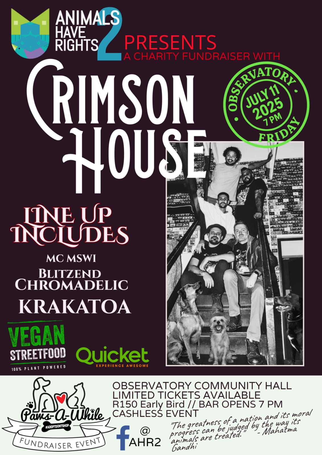 Crimson House & Animals Have Rights 2 Presents a Charity Fundraiser @ Observatory Community Centre, CPT